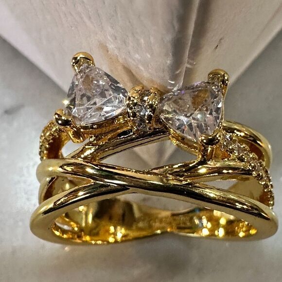 Genuine PANDORA 14k Plated Sparkling Bow Crossover Ring 163511C01 Size 6 - Picture 2 of 9
